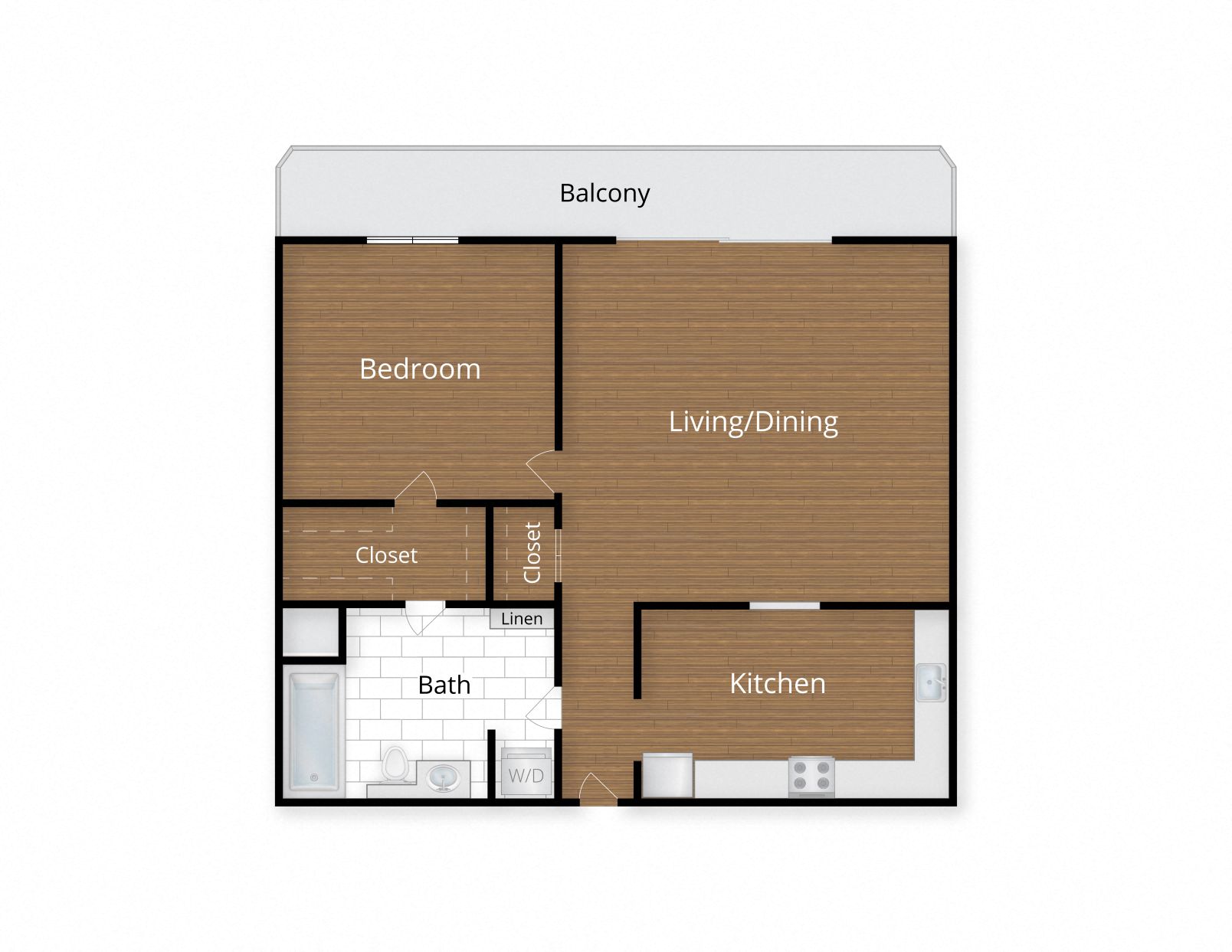 Floor plan for 1 bed, 1 bath, 844 sqft